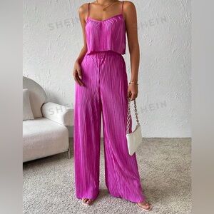 SHEIN Solid Color Plisse Cami Top & Elastic Waist Long Pants Set, Two Pieces